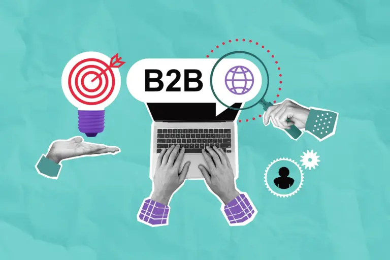 Collage con laptop e icone del marketing B2B digitale, simbolo della strategia aziendale online